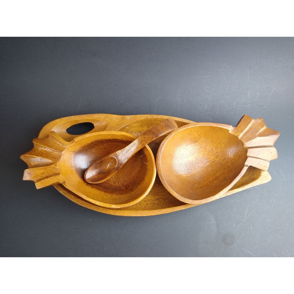 Vintage Wood Bowl Set Pod and Pineapple Shape w Spoon Phillipines MCM Alii Woods - Picture 12 of 12